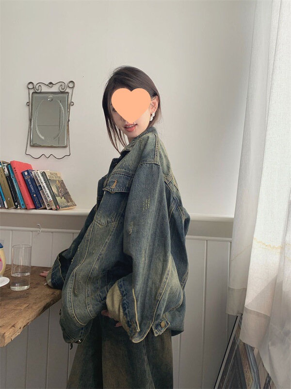 复古水洗牛仔外套女秋季2025新款设计感BF风polo领宽松长袖上衣潮|undefined