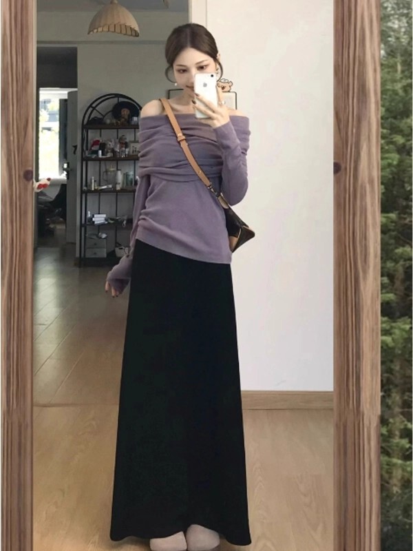 法式紫色一字肩连衣裙子女早秋季2025新款韩系小个子穿搭套装长裙|undefined