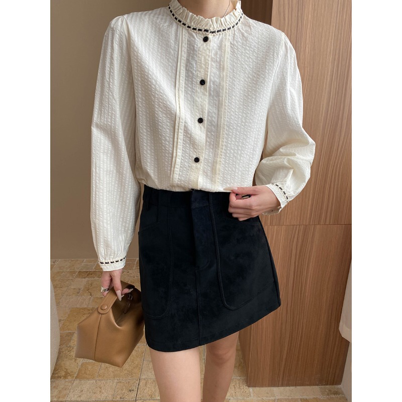 Sinan Commuting Design Tencel Cotton Blend French Lace Stand Collar Textured Pleated Shirt Sn7899