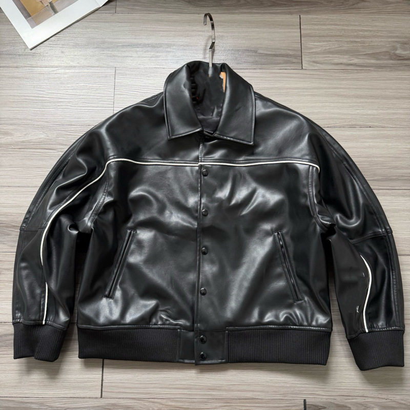 Cross-Border High-End Custom Logo Patch Letter Embroidery Unisex Varsity American-Style Button-Down Leather Jacket