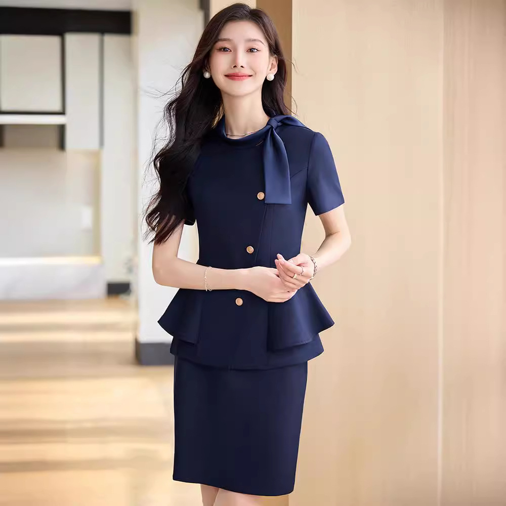 Hotel Front Desk Tooling Summer Blue Short-sleeved Suit Female Temperament Jewelry Shop Beauty Salon Consulting Work Clothes