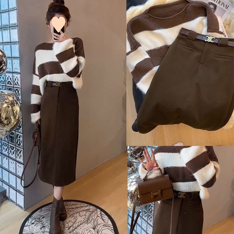 冬季套裝裙一整套2025秋冬新款毛衣條紋針織衫毛呢半身裙女兩件套