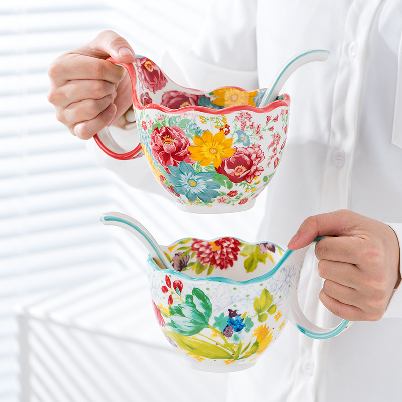 Underglaze Colored Ceramic Curved Handle Bowl Spoon Creative Water Cup for Girls with High Aesthetic Design Value Mug Breakfast Cup Milk Cup