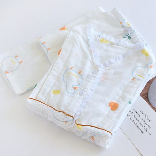 Spring and summer confinement clothes pure cotton gauze thin long-sleeved home clothes set double-layer gauze maternity pajamas one piece drop shipping