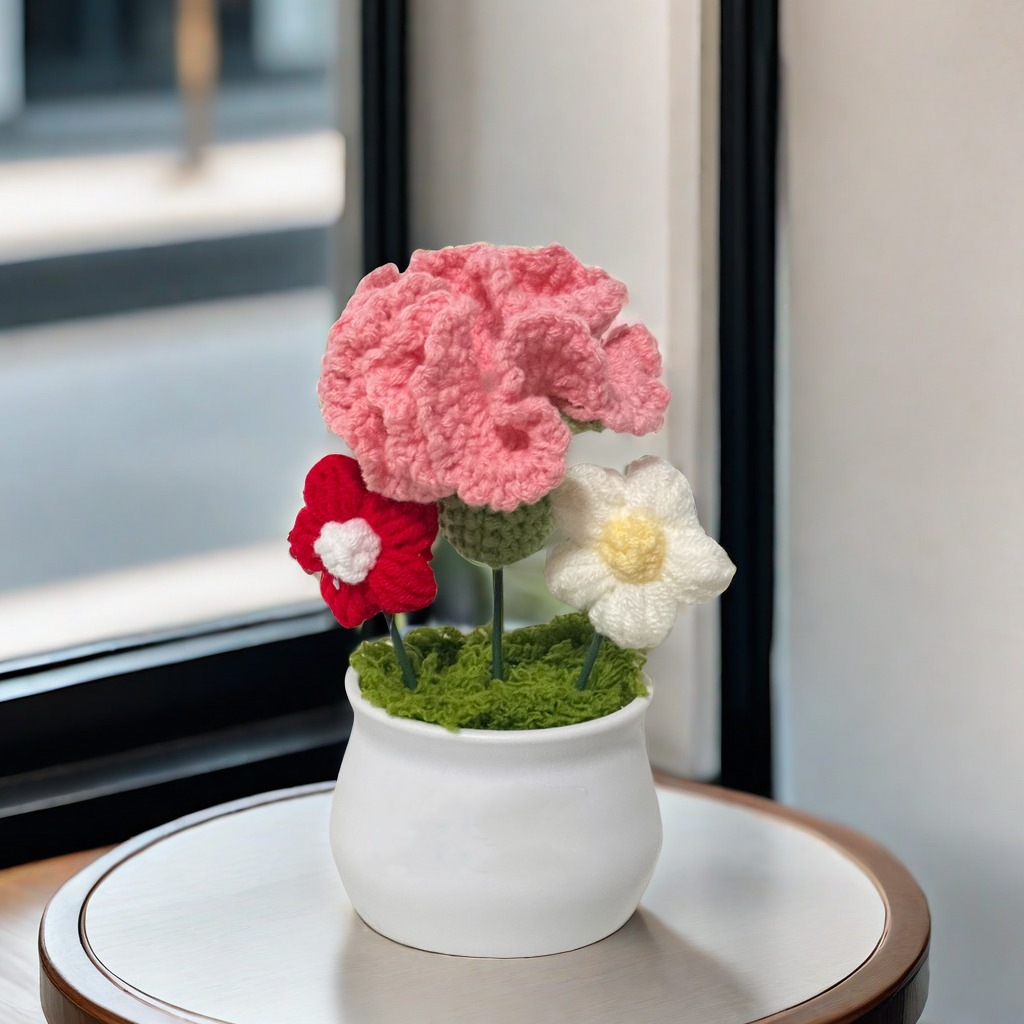 Bolsa de material de bricolaje de flores de girasol, flor tejida a mano, botella blanca pequeña, planta en maceta de punto, decoración de escritorio terminada