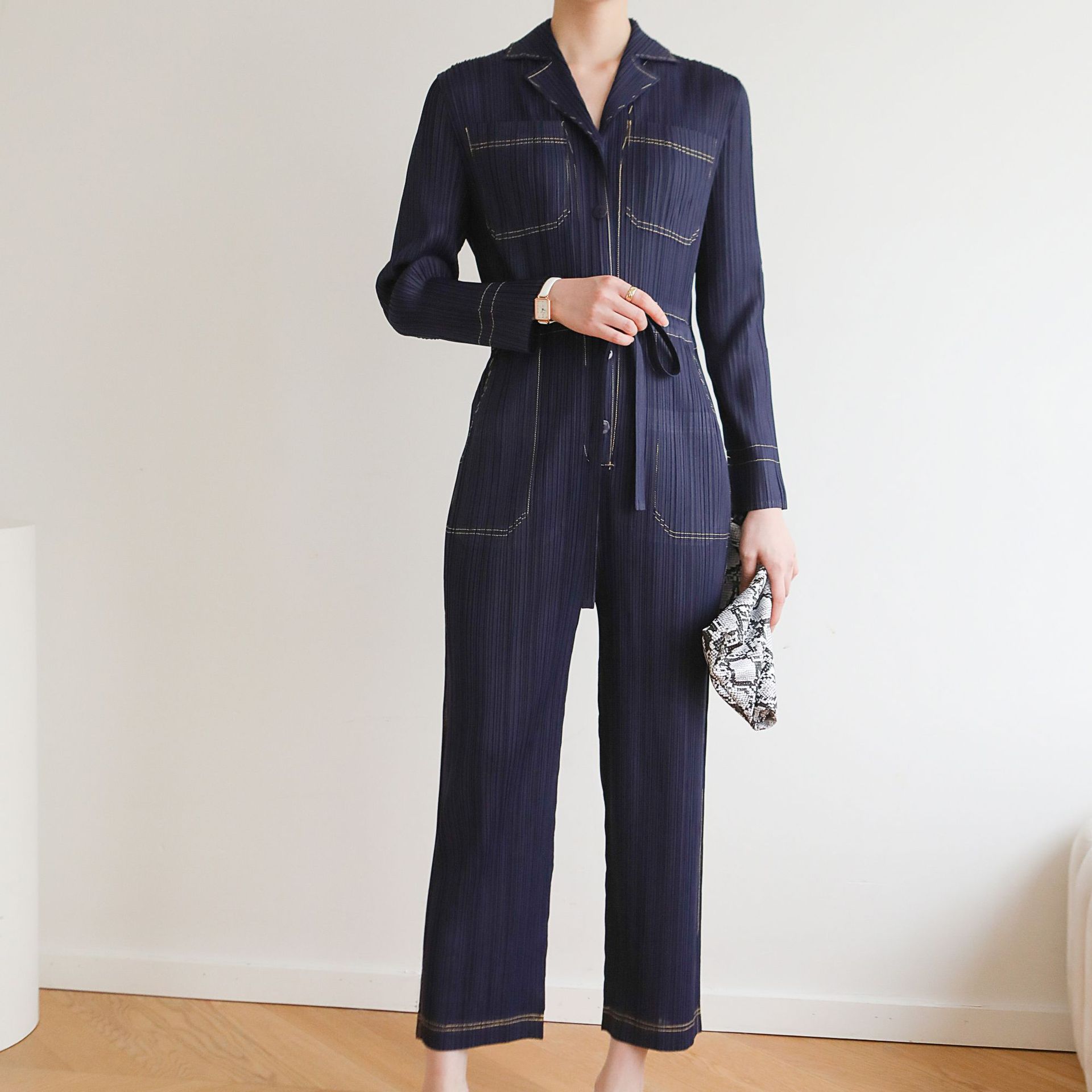 Contador de calidad 2024 otoño y primavera de alta gama plisada estilo coreano casual moda con cordones cintura Denim mono