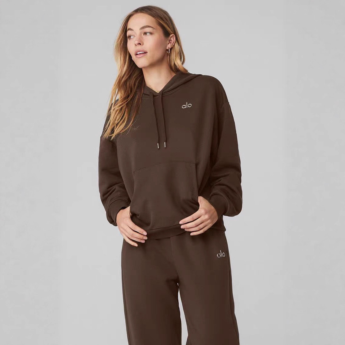 Cross-Border Alo Three-Dimensional Logo Sports Casual Hooded Sweatshirt European and American Loose Fashion Fleece-Lined Hoodie Top Women's Clothing