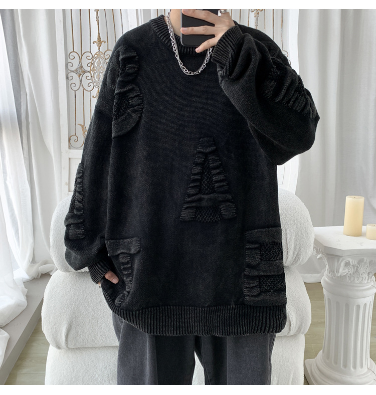 Men's Oversized Knit Sweater Round Neck Streetwear Pullover_voghion.com