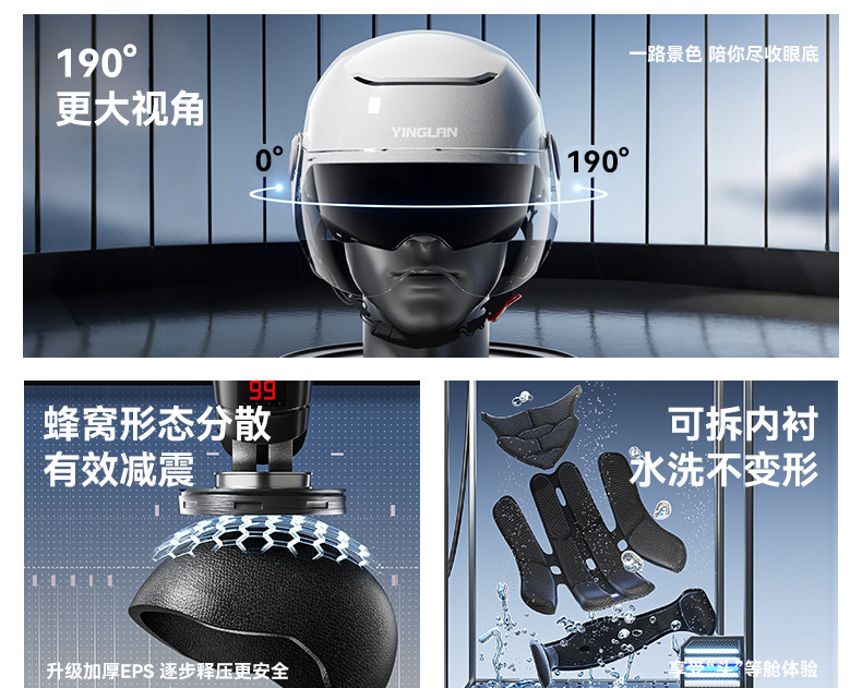 Yinglan Helmet Men's Electric Vehicle 3C Certified Summer Sun Protection Lightweight Double Mirror Women's Half Helmet Safety Motorcycle Cap