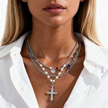 四件套欧美镶钻链条太阳十字架吊坠锁骨链嘻哈个性小众高级感项链