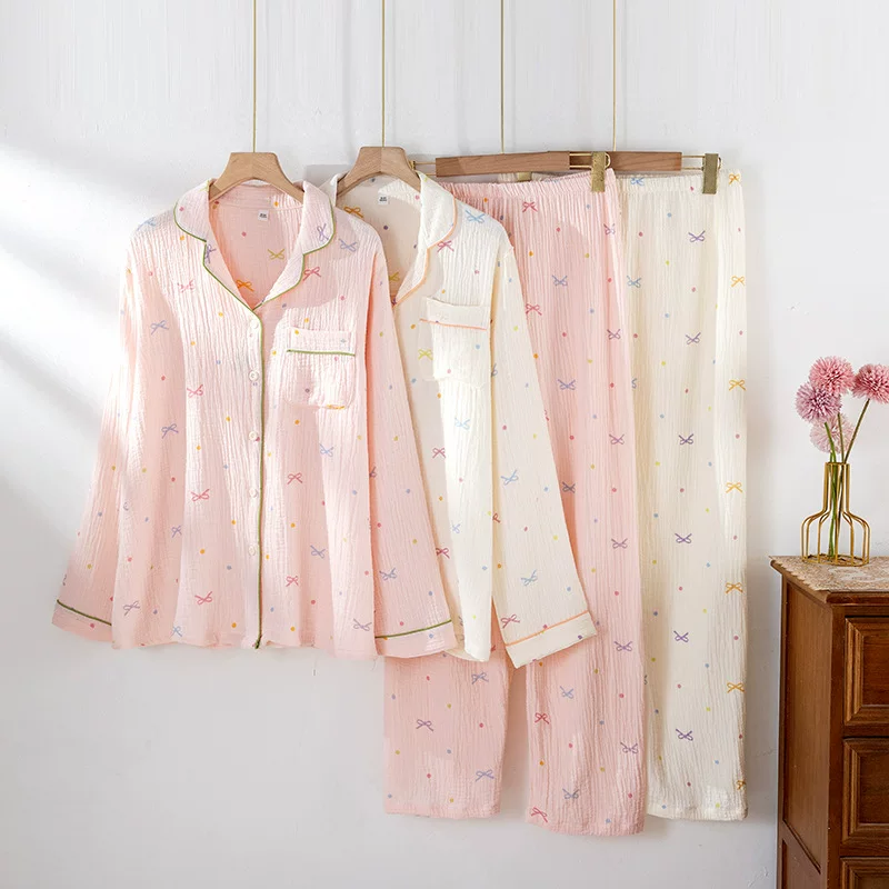 Pijama, set, thin long-sleeve, trousers with bow