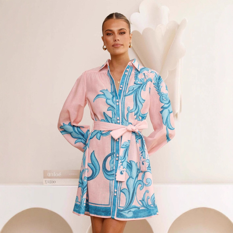 European and American Cross-Border 2025 New Aliexpress Amazon Independent Station Casual Fashion Puff Sleeve Linen Lace-Up Dress