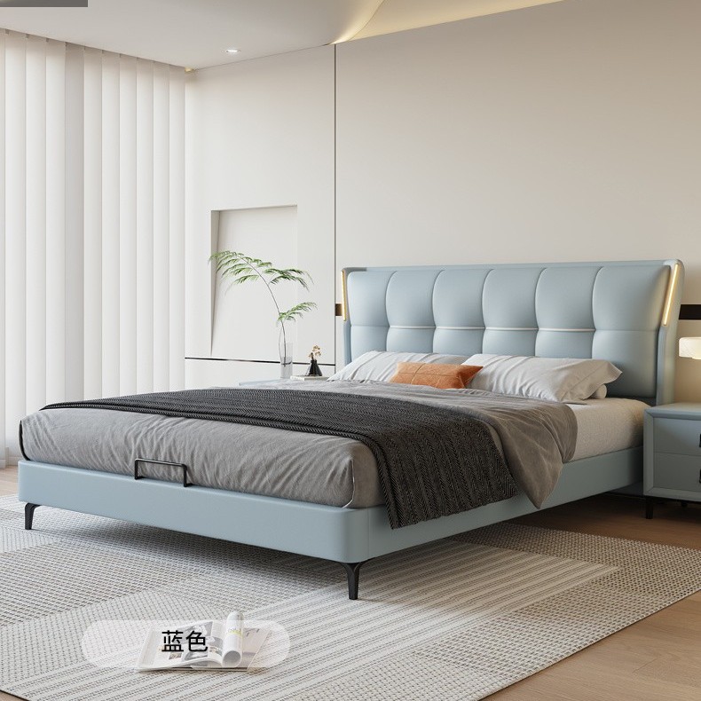 Cama de cuero auténtico, lujo ligero, 1.8 camas dobles, cama principal moderna, aproximadamente 1.5 camas.