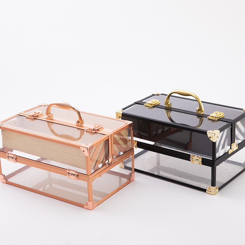 Fuente fabricante de maletas de aleación de aluminio impermeable caja de maquillaje acrílico transparente oro rosa caja de maquillaje acrílico