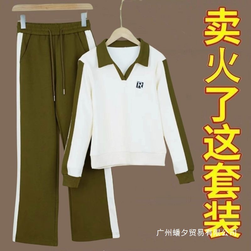 休闲运动服套装女2025春秋季新款时尚洋气宽松翻领长袖卫衣两件套|undefined