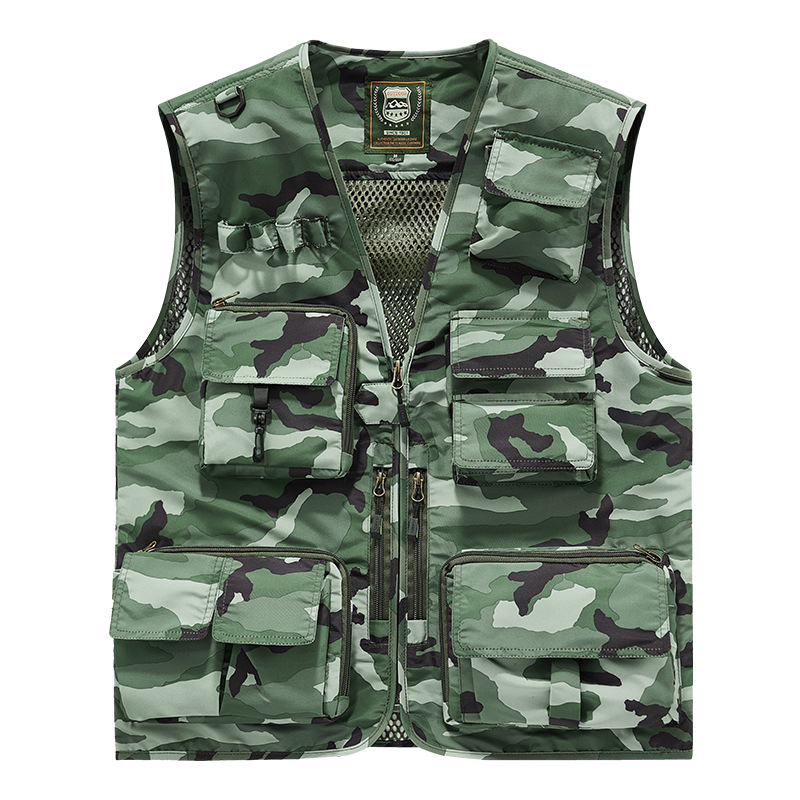 Chaleco ligero para hombre para actividades al aire libre con múltiples bolsillos, ideal para pesca y fotografía, chaleco de talla grande con diseño de ropa de trabajo estampada.