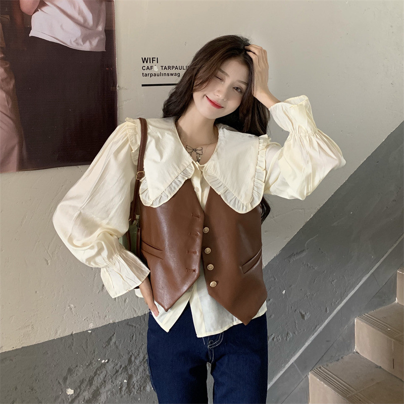 Real Shot and Real Price Autum New Retro Outer Pu Leather Vest + Doll Collar Shirt