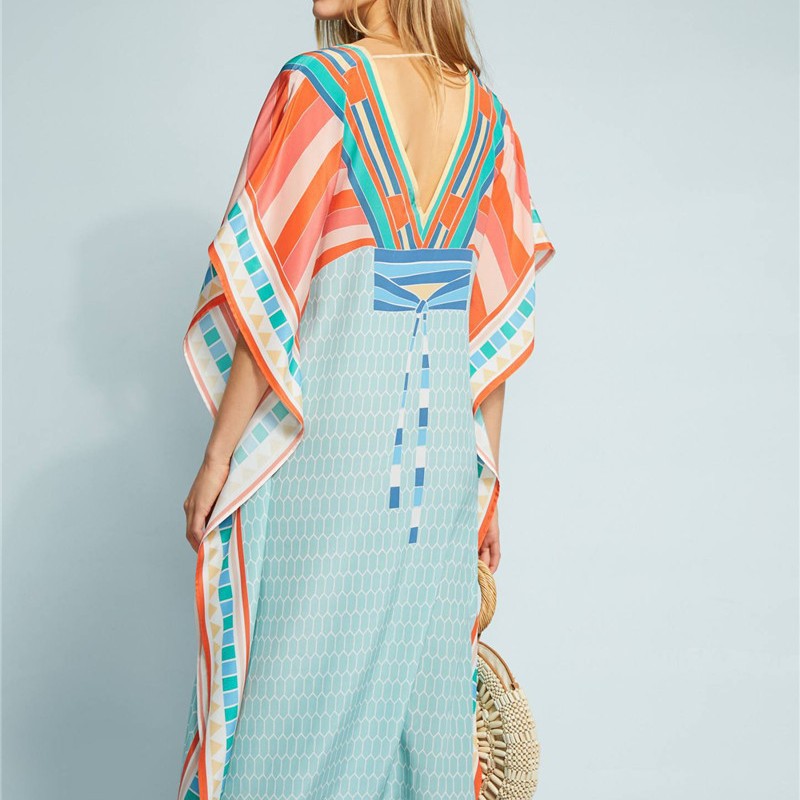 Blusa de playa europea y americana de secado rápido delantero y trasero con cuello en V posicionamiento impreso suelto Vestido de playa vacaciones blusa túnica 1D38