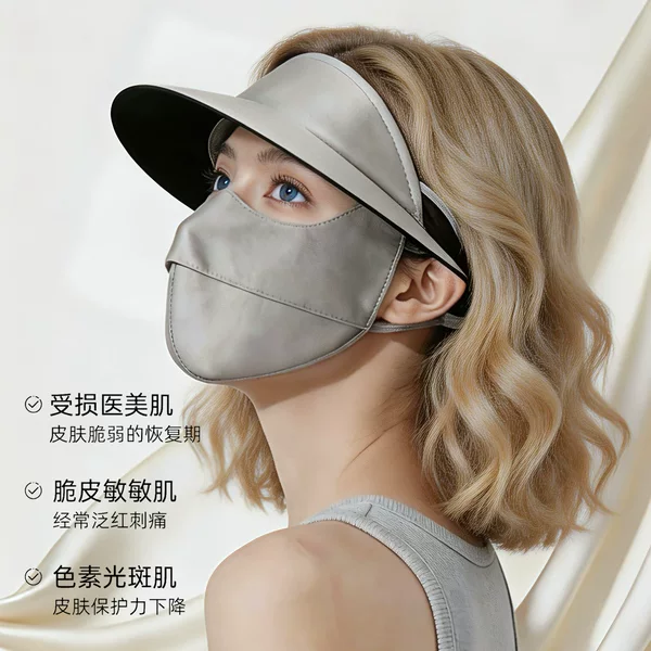 Silk Breathable Sun Protection Mask with Brim for Men, Summer Mulberry Silk Full-Face Uv Protection Neck Guard Integrated Hat
