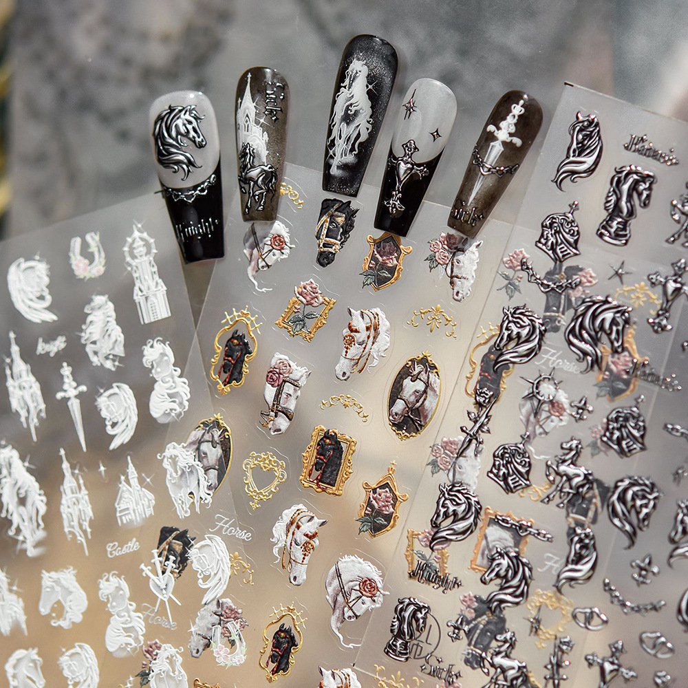 Tomoni Gold Stamping Saint Horse Nail Stickers Popular European and American Retro Horse Rider Nail Stickers Exquisite Sticker Decorations