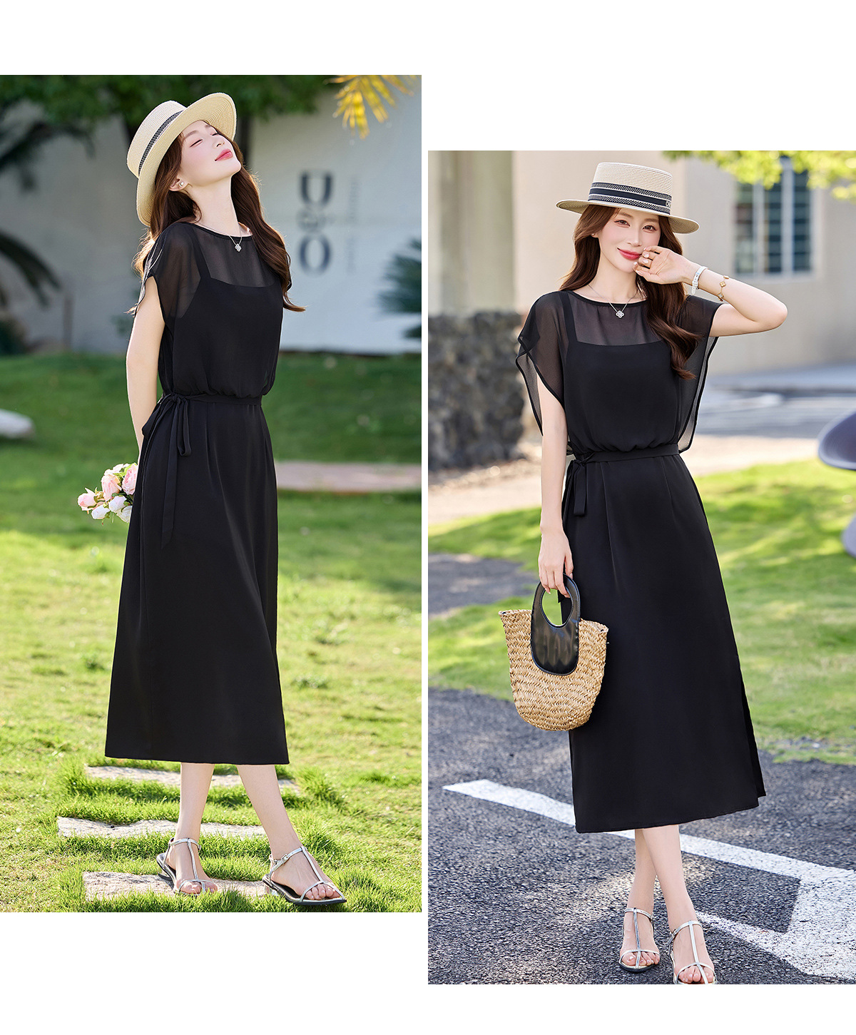 Đầm chữ A eo thắt dây tay ngắn cổ điển dáng midi — màu đen, Điểm sóng chi tiết 17