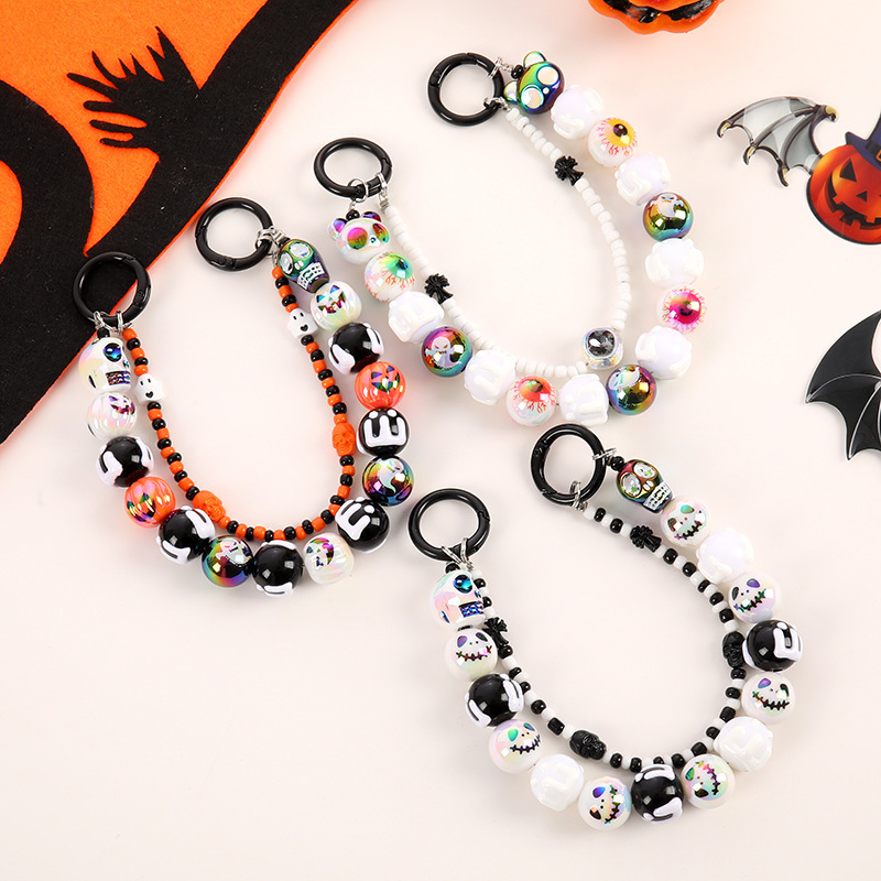 Fashion niche creative Halloween cross-border double-chain ghost head eyeball bracelet luggage key chain beaded jewelry pendant