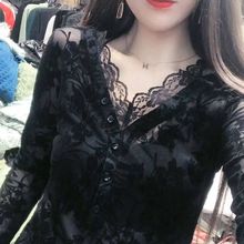 欧洲站秋冬新款长袖领蕾丝打底衫女内搭性感网纱洋气小衫上衣潮