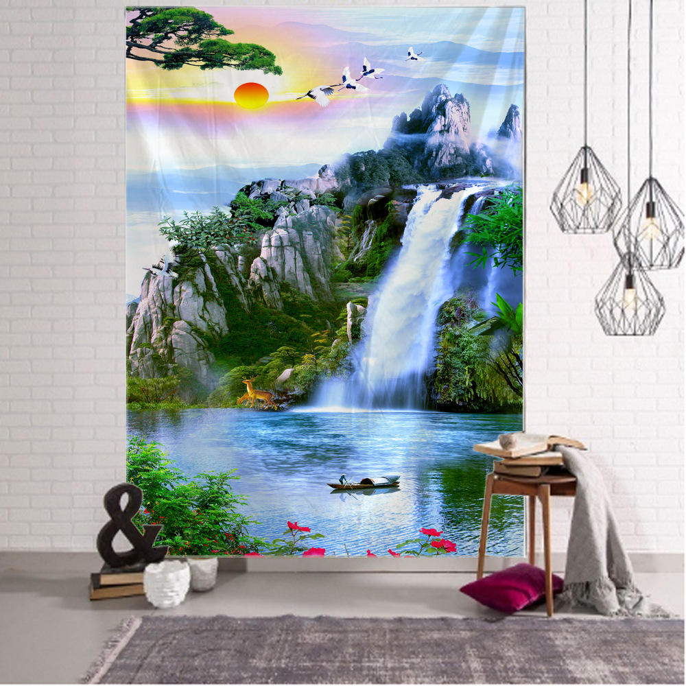 跨境电商 国风山水背景挂毯山水瀑布风景布家居装饰 壁毯 背景布