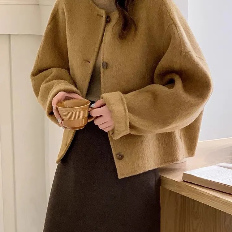 Round Neck Short Double-Sided Wool Coat for Women 2026 Winter Korean Style Loose Elegant Chanel-Style Woolen Jacket Korean Style
