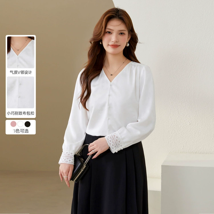 Цветное шоу большой размер женщины французский элегантный жаккардовый текстура темперамент V-образный вырез рубашка жирный mm2024 осенний костюм новый