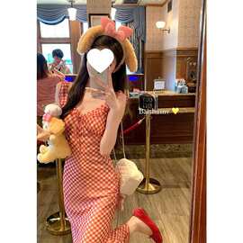 跨境跨境【原版做法＋内里】甜美法式红色格子吊带连衣裙子女度假