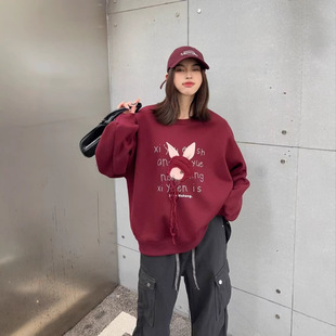 Korean Style fleece-lined Thickened Age-reducing Rabbit Three-dimensional Decorative Loose Sweatshirt Women's 2024 Autumn and Winter New Casual Top