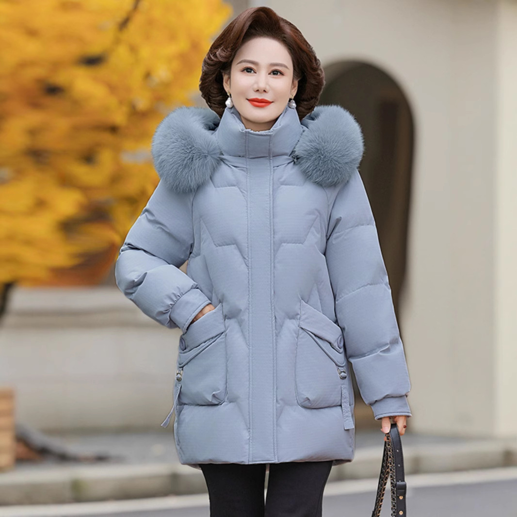 정품 철수 재킷 중반 겨울 새로운 중년 및 노인 여성의 두꺼운 흰색 구스 양털 진짜 모피 칼라 재킷