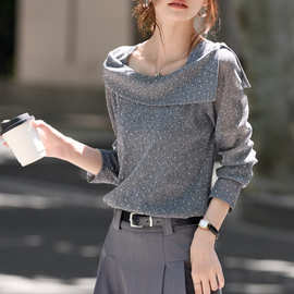 气质淑女大翻领波点印花T恤2025年秋新设计感气质修身长袖上衣潮