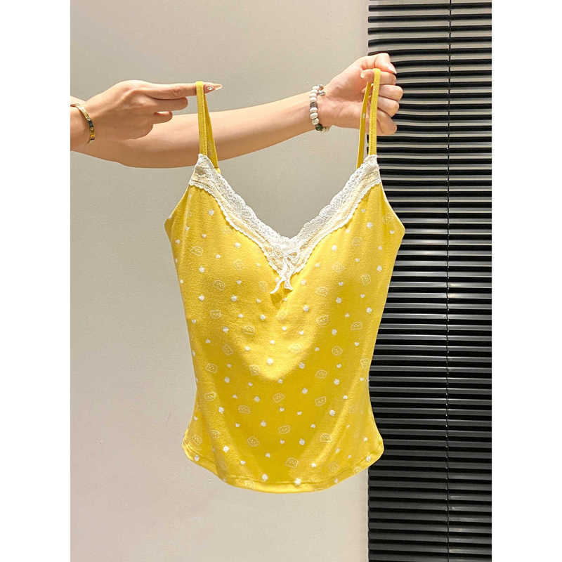 Dopamine-Style Spaghetti Strap Top with Chest Pads, Floral Lace, and Bowknot, 2026 Slim-Fit Base Layer with Beautiful Back Design Dopamine-Style Spaghetti Strap Top with Chest Pads, Floral Lace, and Bowknot, 2026 Slim-Fit Base Layer with Beautiful Back Design