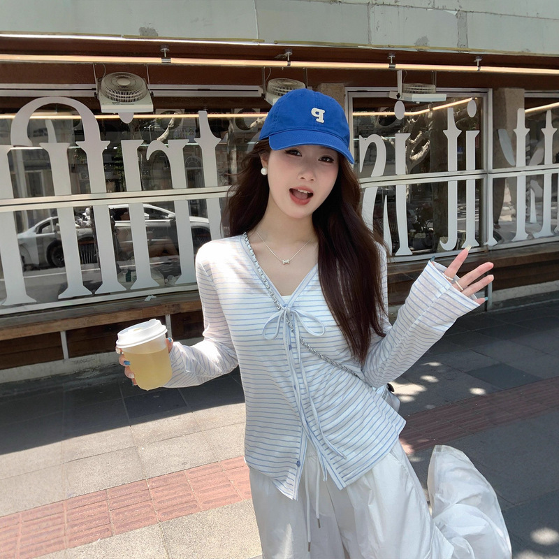 [in Stock from Our Own Factory] Spring and Summer Striped Thin Fresh and Sweet Cardigan Sun Protection Cover-Up Long-Sleeve Women's Top