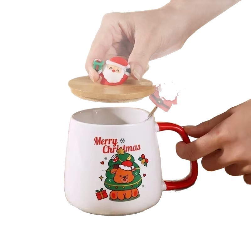Taza de cerámica de viento de Navidad con tapa con cuchara patrón muñeco de nieve Qin Sheng taza de agua de cerámica taza de regalo taza creativa interesante
