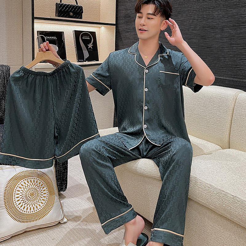 2023 New Men's Three-Piece Pajamas Summer Ice Silk Short-Sleeved Shorts Summer Silk Men's Thin Home Clothes