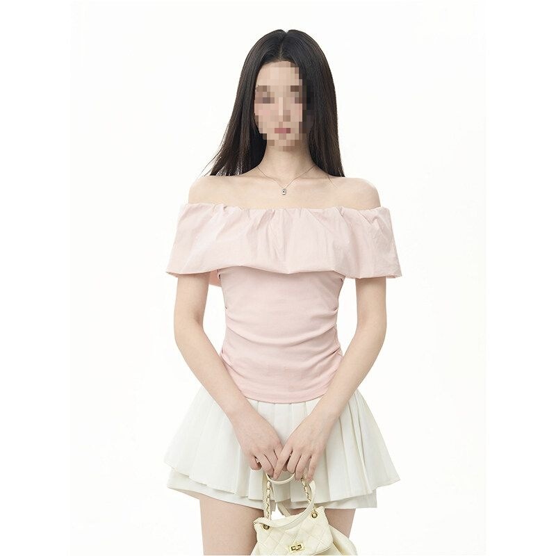 Dopamine pink ruffled off-shoulder short-sleeve t-shirt for women, summer 2026 new slim-fit French top Dopamine pink ruffled off-shoulder short-sleeve t-shirt for women, summer 2026 new slim-fit French top