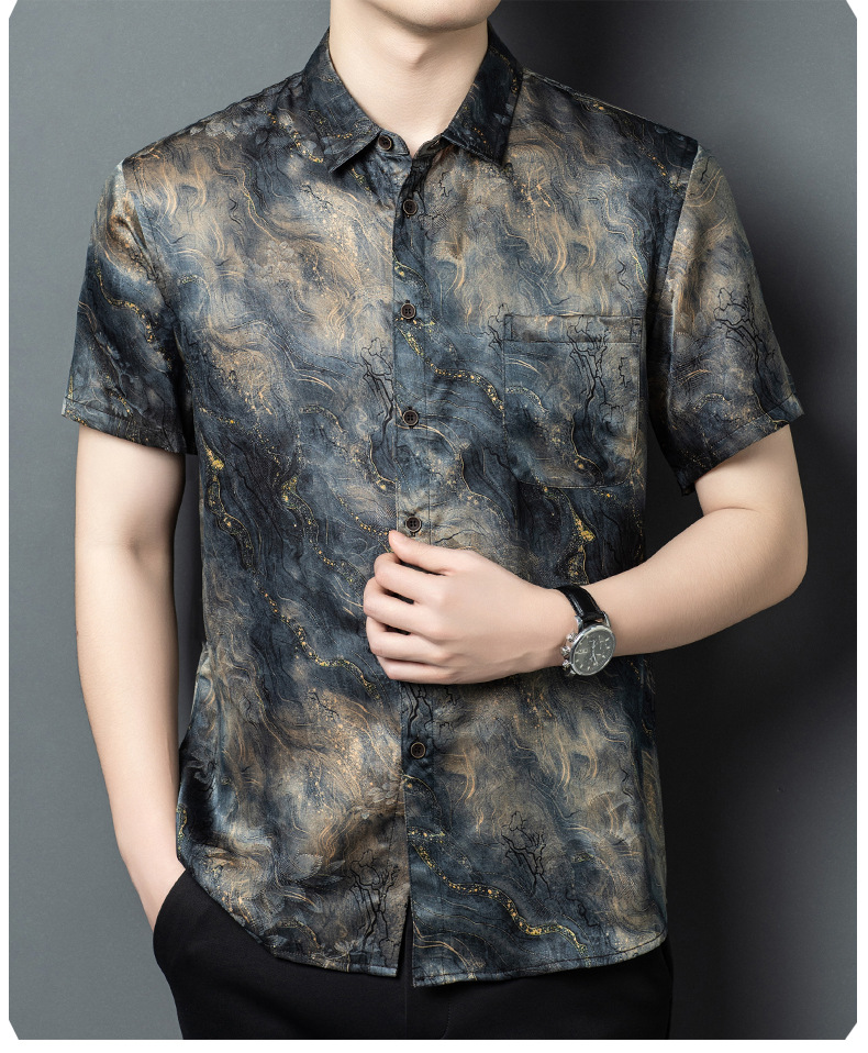 Áo sơ mi nam ngắn tay lụa Mulberry Silk rộng rãi mùa hè — Xám 26625 chi tiết 10