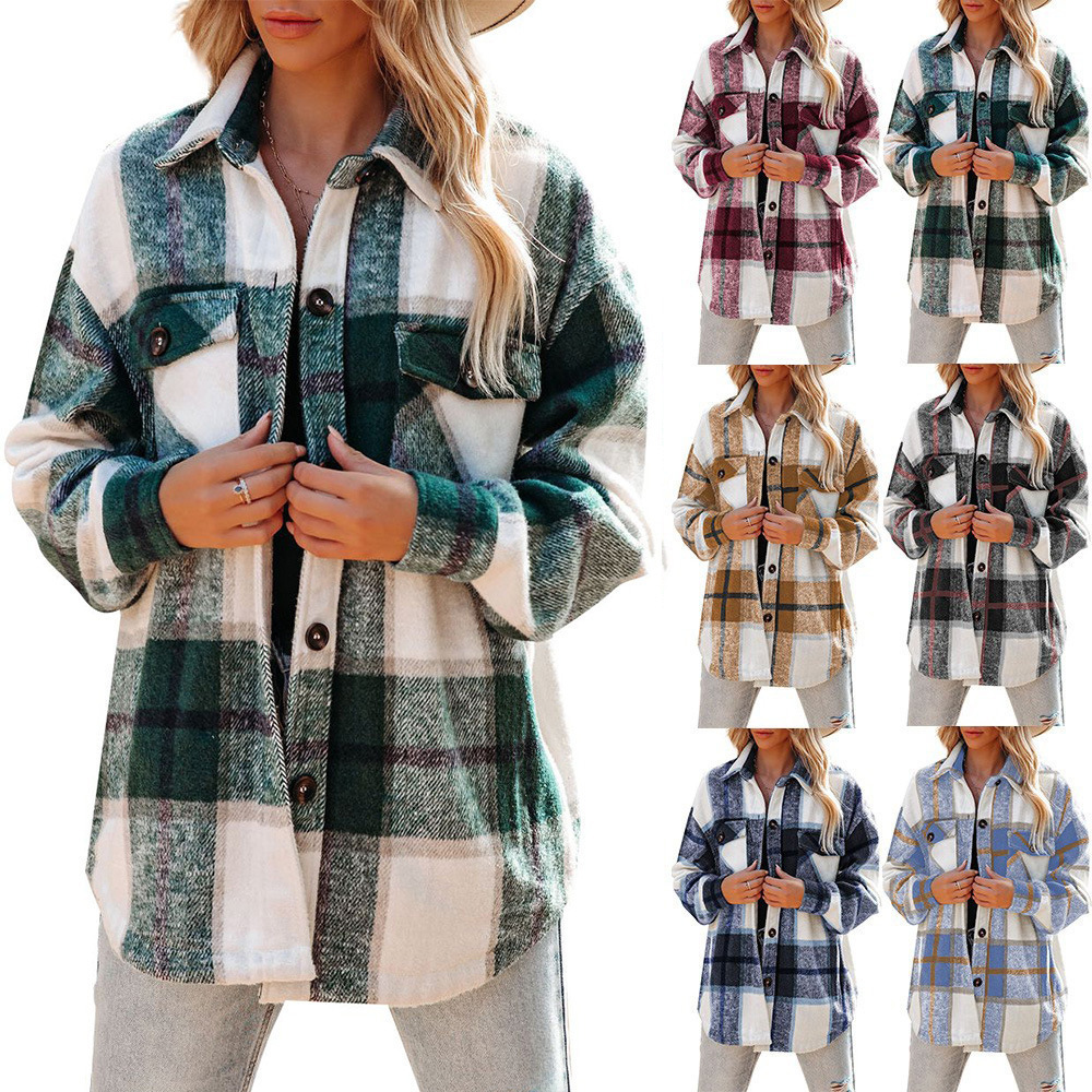 2022 abbigliamento femminile all'ingrosso in stile europeo e americano transfrontaliero stile pigro risvolto classico plaid morbido tweed camicia cappotto largo_voghion.com