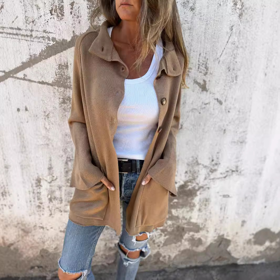 Women's Clothing Lapel Long sleeved Casual Cardigan Solid Color Knitted Jacket Women_voghion.com