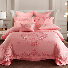 140支婚庆四件套刺绣棉结婚粉色被套床单新婚六十床上用品aω