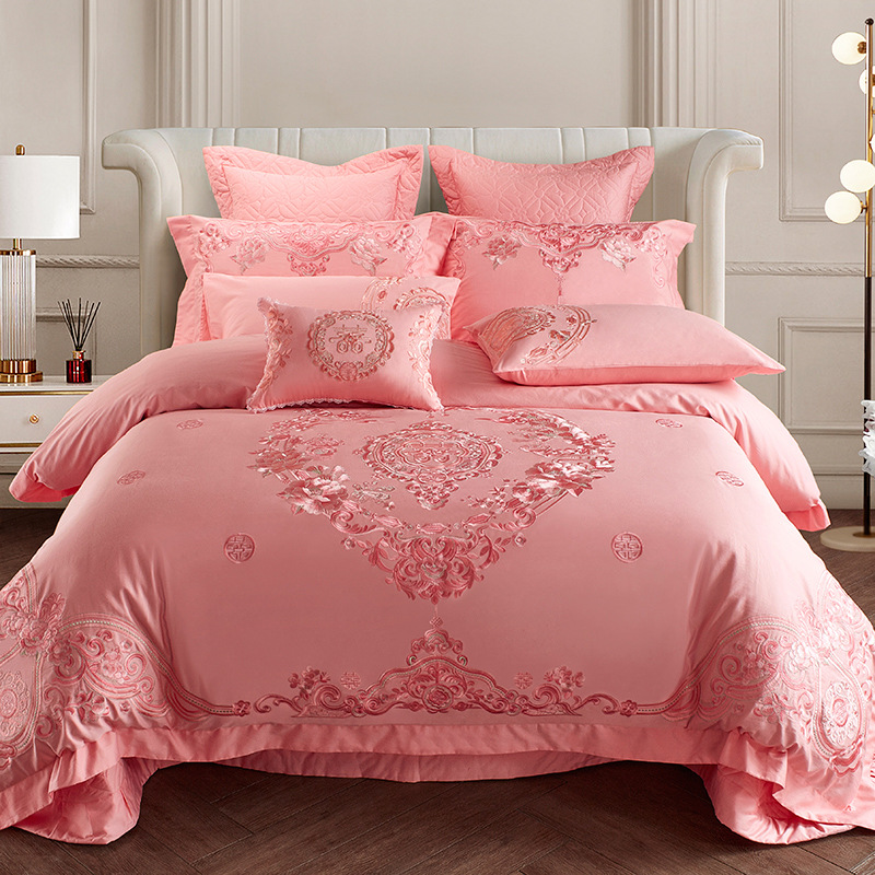 140支婚庆四件套刺绣棉结婚粉色被套床单新婚六十床上用品aω
