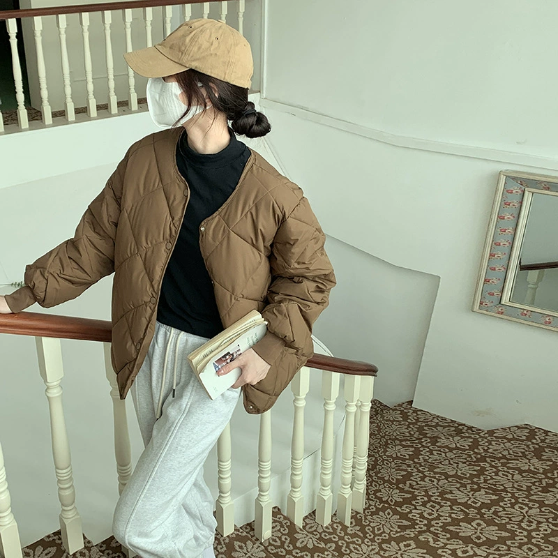 2025 осень и зима новая корейская хлопчатобумажная одежда женская легкая и короткая ромбовидная свободная куртка с круглым вырезом
