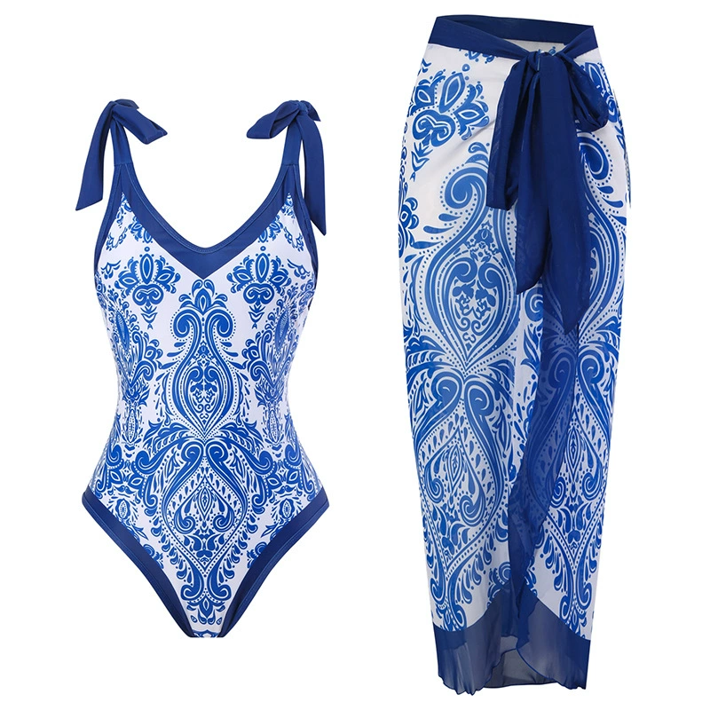 Swimwear с принтом мультфильмов и пляжной шифоновой длинной юбкой, купальник европейского стиля с высокой талией