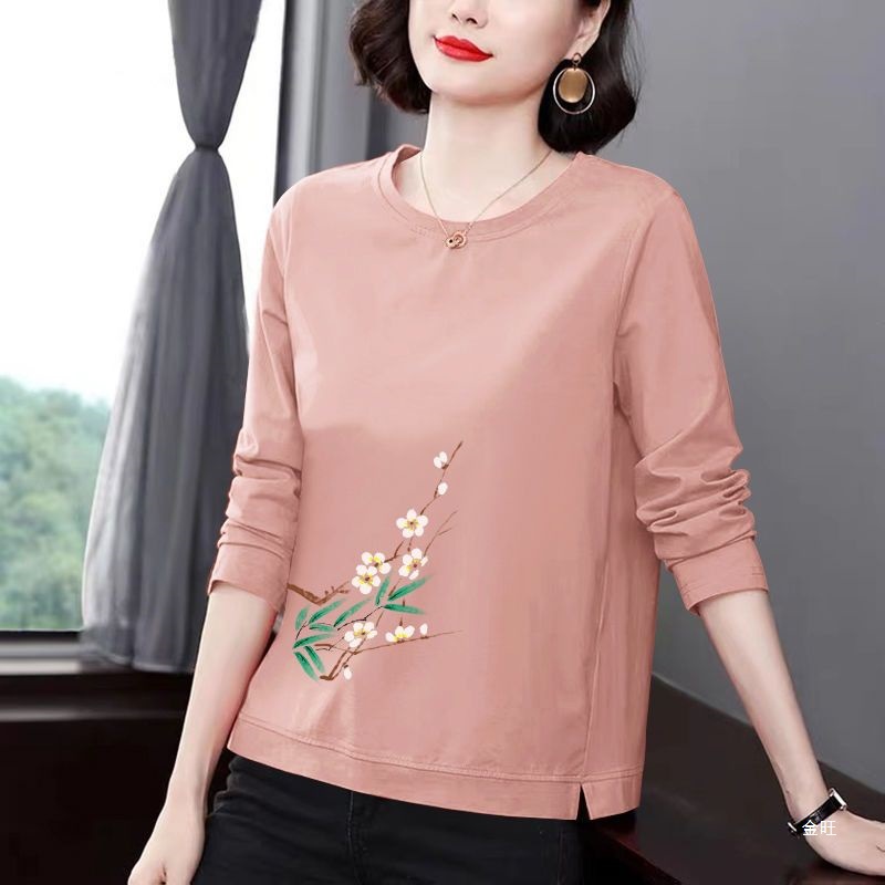 100%纯棉大码长袖t恤女2025春秋新款宽松遮肚时尚妈妈装打底衫女