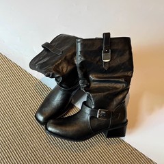 牛皮版~复古皮带扣西部牛仔靴褶皱堆堆靴粗跟短靴显瘦中筒骑士靴