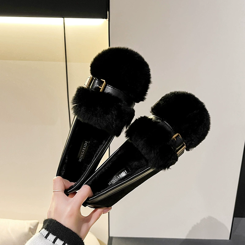 2023 новые зимние туфли Мао на плоской флисовой подкладке, модные женские туфли Joker больших размеров, осень и зима 41-43