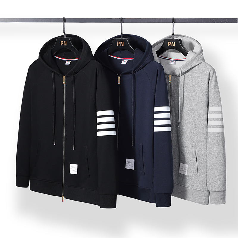 Spring and Autumn Jacket for Men, Four-Stripe Cardigan, Couple's Sweatshirt, Zip-Up Hooded Top, Trendy Youth Style, Sports Casual Top